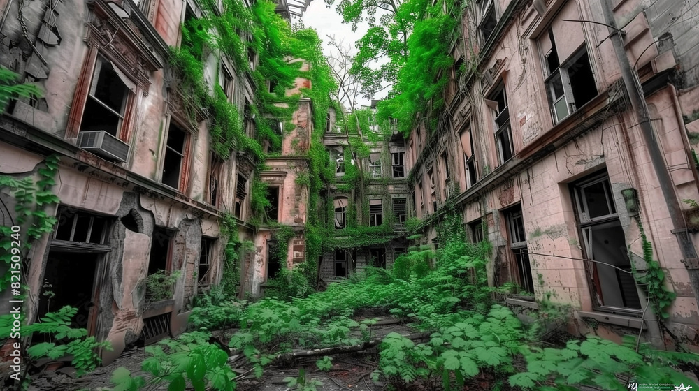 dead end in a city in ruins, nature starting to claim back the land dead end in a city in ruins, nature starting to claim back the land
