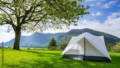A white tent under a tree on a green grass with mountain on the background