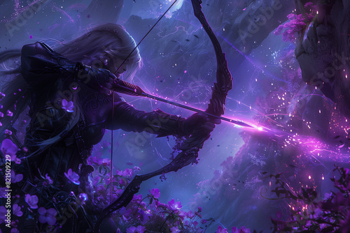 side view of an ambushing archer getting out of a bed of flowers to strike at an enemy with an enchanted arrow, purple hued