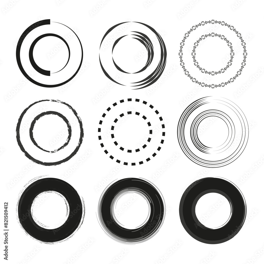 Assorted circular patterns set. Black and white vector designs. Abstract round elements. Assorted circular patterns set. Black and white vector designs. Abstract round elements.
