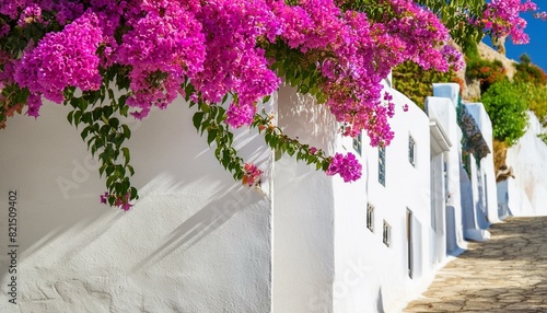 A white wall with purple flowers hanging from it