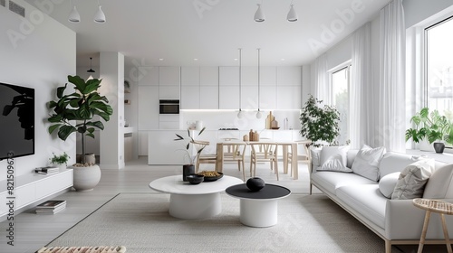 Modern cozy living area with round tables, white sofa and dinning area  photo