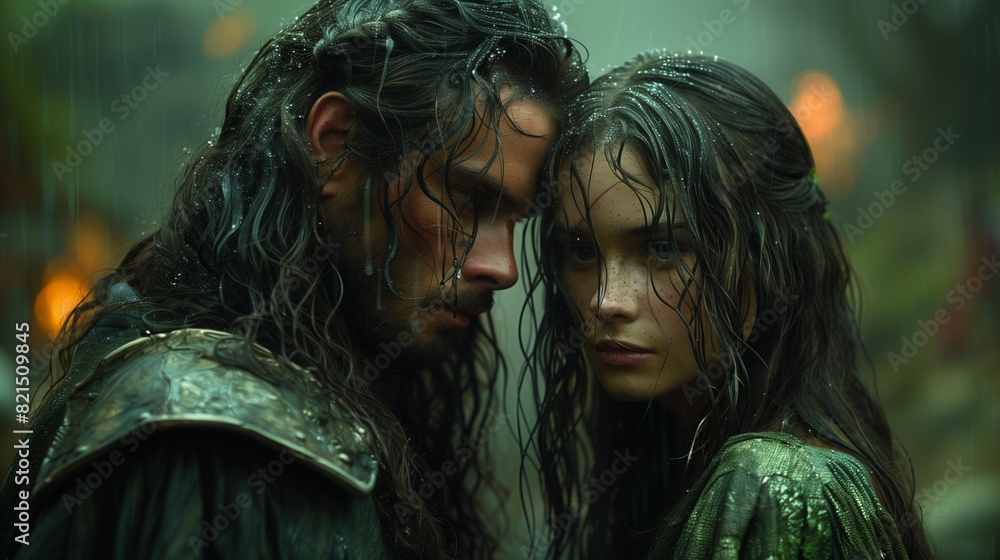 Fototapeta premium medieval fantasy lovers in green cloaks embrace under the rain, expressing love and concern, wide 16:9