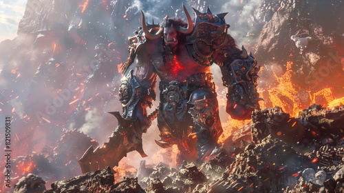 hulking red orc in heavy armor standing in a fiery, chaotic environment photo