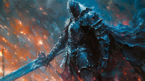 grey knight in armor wielding a greatsword in a dramatic, fiery setting