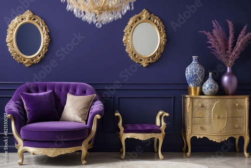 living room interior, Royal Blue wall, stylish armchair, gold coffee table, purple sofa, stylish sideboard