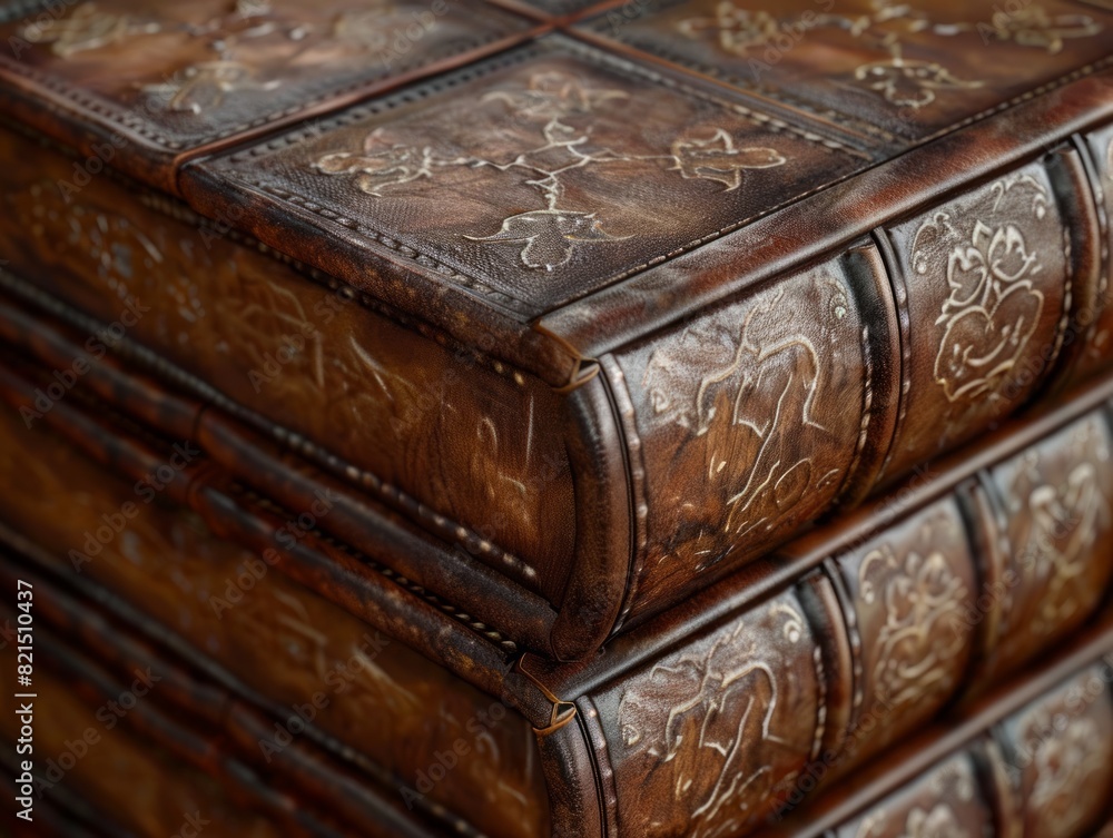 Lineup of leather-bound books displaying their aged, textured spines. Vintage library or study concept Lineup of leather-bound books displaying their aged, textured spines. Vintage library or study concept