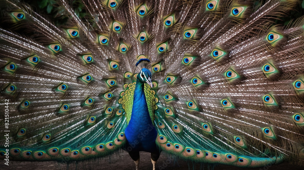 Obraz premium A regal peacock displaying its vibrant plumage in a dazzling courtship dance, feathers fanned out in a mesmerizing display.