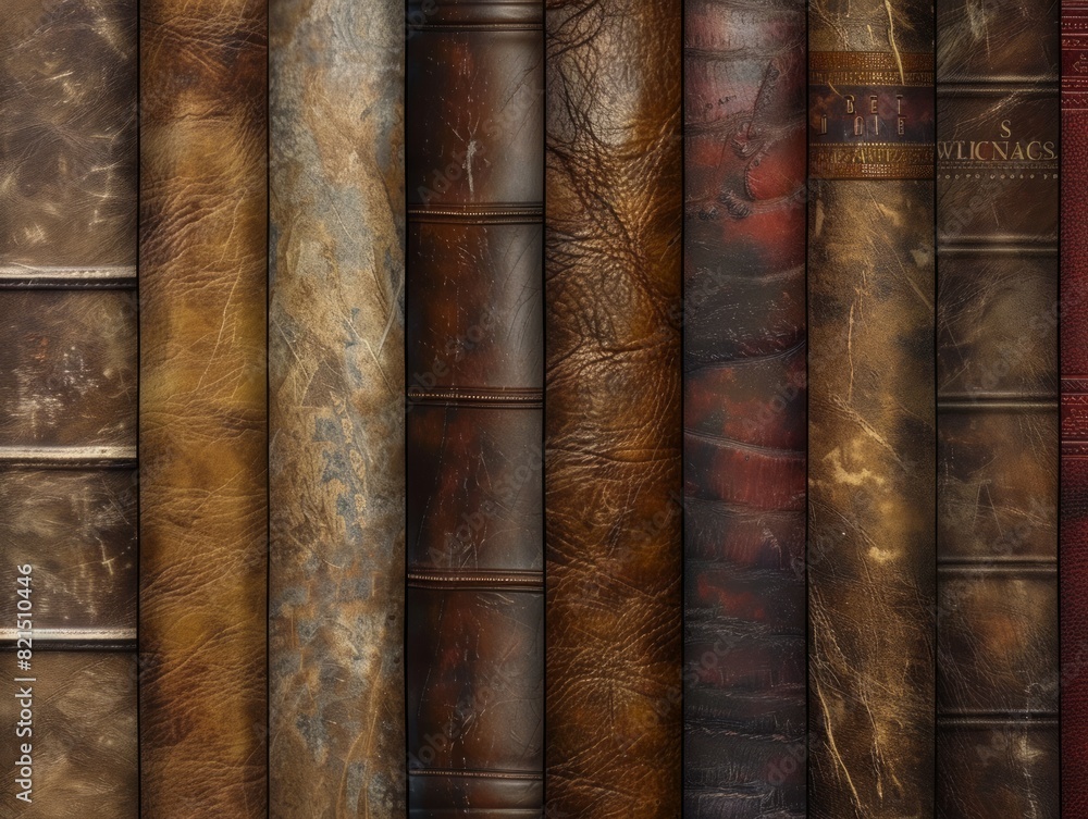 A row of leather bound books with the spine showing A row of leather bound books with the spine showing