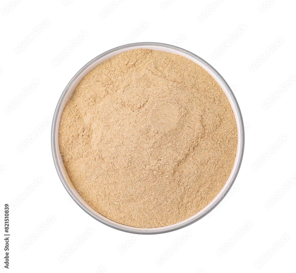 Dietary fiber. Psyllium husk powder in bowl isolated on white, top view Dietary fiber. Psyllium husk powder in bowl isolated on white, top view