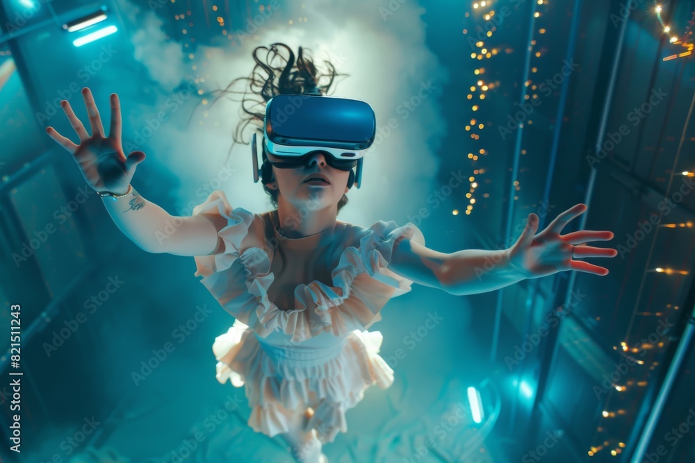 Woman in VR descending in digital space Woman in VR descending in digital space