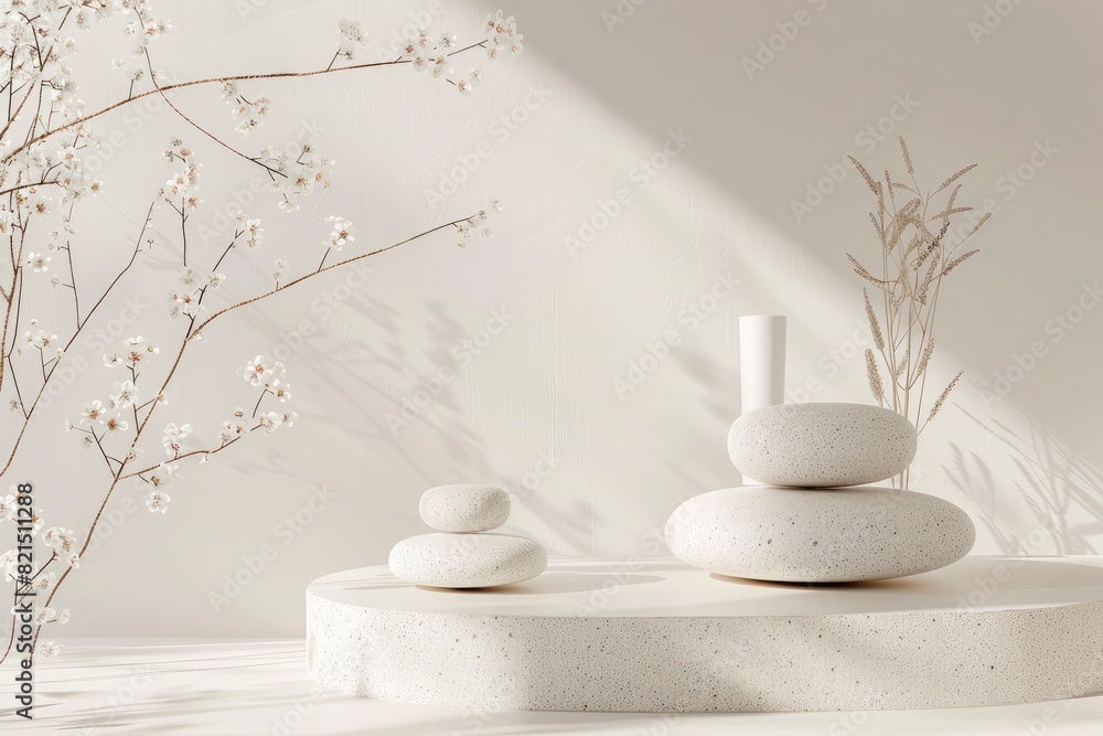 Blank product three podium. Minimal scene mockup with 3 stone, product podium with copy space, promotions, cosmetic product showcases. copy space - generative ai Blank product three podium. Minimal scene mockup with 3 stone, product podium with copy space, promotions, cosmetic product showcases. copy space - generative ai