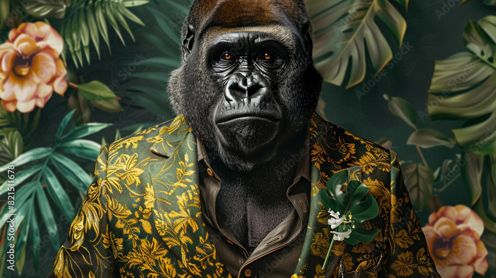 Creative animal concept Gorilla in luxury lush coat, fashion, style, imagination Creative animal concept Gorilla in luxury lush coat, fashion, style, imagination