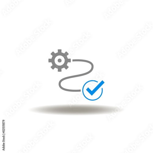 Vector illustration of gear way map to check mark. Icon of execute. Symbol of execution. Sign of path, way, tracking road.