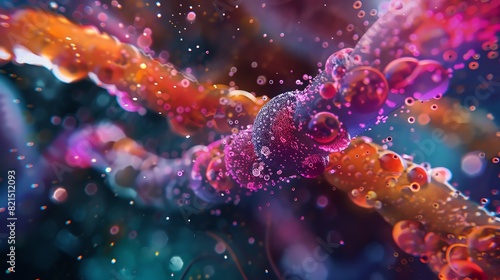 Vibrant abstract molecular structure with colorful bubbles. Artistic representation of a microscopic world in vivid  dynamic colors.