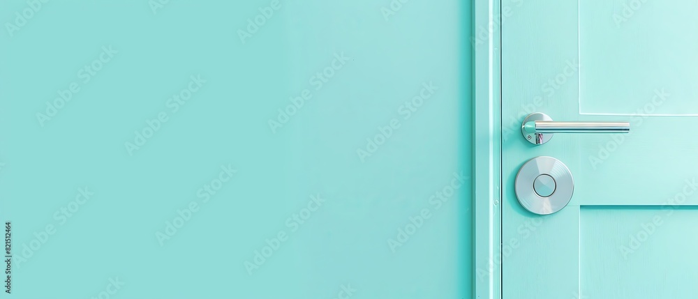 Minimalistic teal door with modern silver handle against teal wall background, exemplifying clean and modern interior design aesthetics. Minimalistic teal door with modern silver handle against teal wall background, exemplifying clean and modern interior design aesthetics.