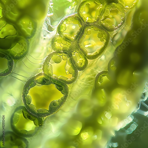 Close-up macro photograph of plant cells showing intricate green cellular structures under a microscope with high detail.