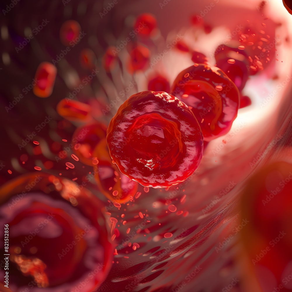 Close-up view of red blood cells flowing through a blood vessel, showcasing the microscopic world and the human circulatory system. Close-up view of red blood cells flowing through a blood vessel, showcasing the microscopic world and the human circulatory system.