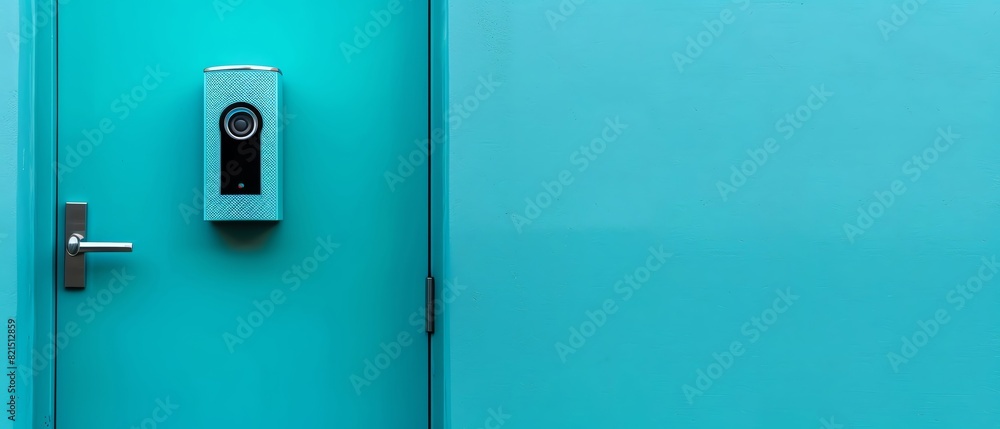 A modern electronic door lock installed on a bright turquoise door, showing smart home security technology in a minimalistic setting. A modern electronic door lock installed on a bright turquoise door, showing smart home security technology in a minimalistic setting.