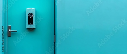A modern electronic door lock installed on a bright turquoise door, showing smart home security technology in a minimalistic setting.