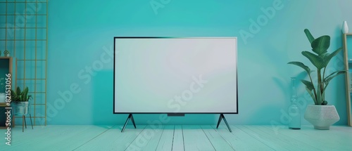 Modern minimalist living room interior with a large flatscreen TV, plants, and teal-colored walls, creating a serene and stylish atmosphere.