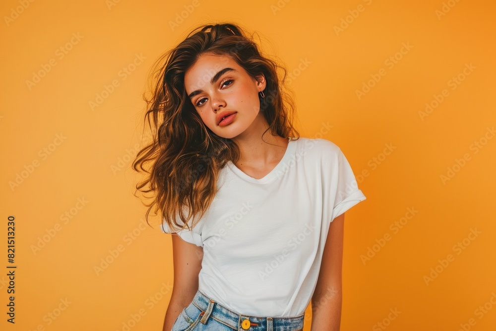 A beautiful woman wearing a white t-shirt and jeans posing for the camera on an orange background. A beautiful woman wearing a white t-shirt and jeans posing for the camera on an orange background.