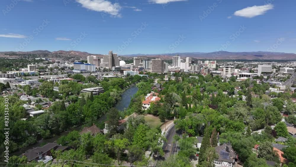 Reno Nevada - Downtown Aerial Approach over Truckee River Reno Nevada - Downtown Aerial Approach over Truckee River