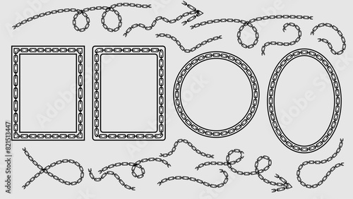 collection of scribbled chain brush elements for design. rectangular, oval, circle shapes