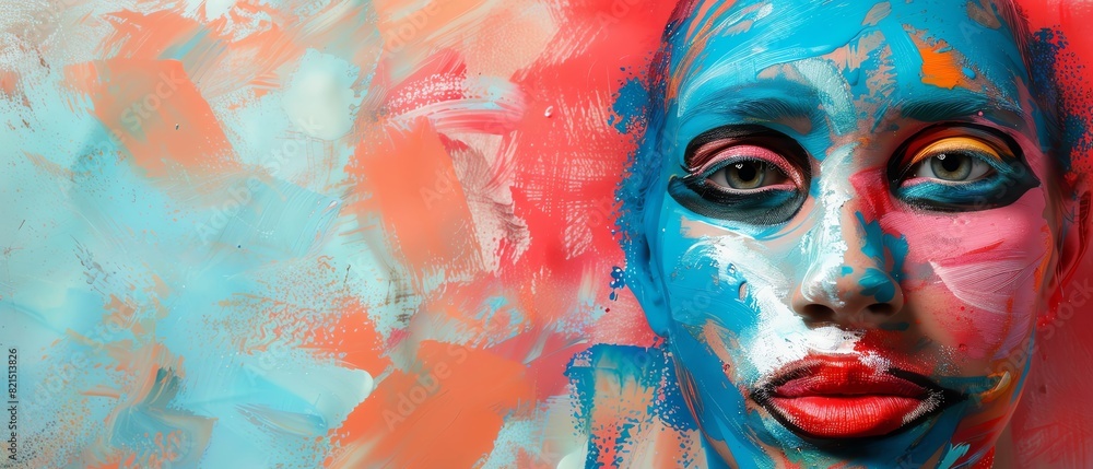 Vibrant abstract portrait with bold colors and expressive brushstrokes, combining blue, orange, and pink hues, showcasing artistic creativity.