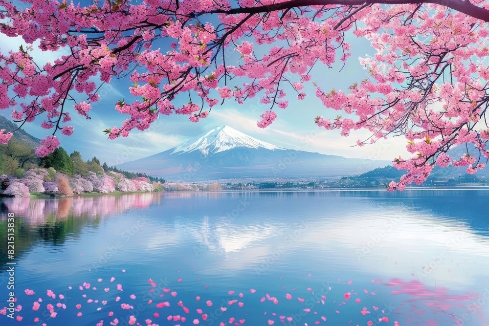 A cherry blossom tree with pink flowers, branches hanging down over the lake. A cherry blossom tree with pink flowers, branches hanging down over the lake.