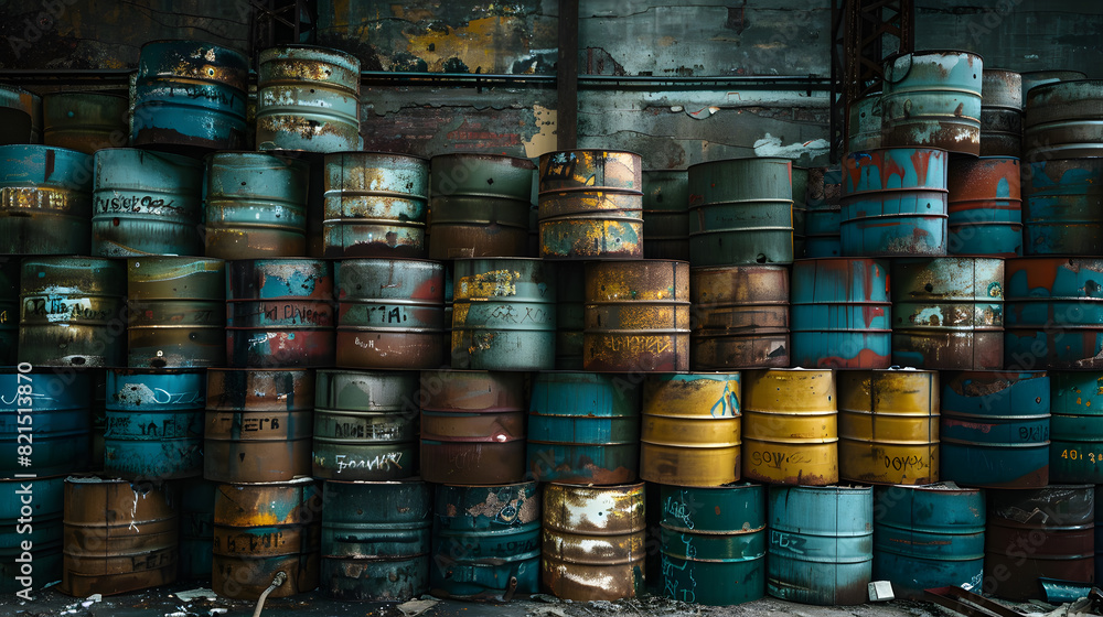 A pile of old, rusted barrels stacked on top of each other A pile of old, rusted barrels stacked on top of each other