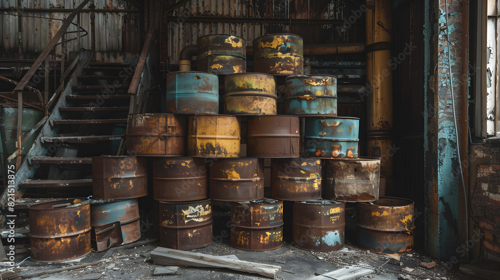 A pile of old, rusted barrels stacked on top of each other A pile of old, rusted barrels stacked on top of each other