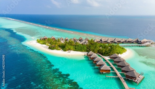 Amazing drone view of the beach and water with beautiful colors. luxury tropical resort or hotel with water villas and beautiful beach scenery. maldives, summer vacation, resort maldivian houses. photo