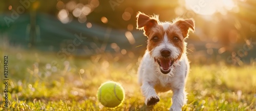 The small Jack Russell Terrier dog runs on the green grass in front of the camera with a tennis ball and smiles. photo