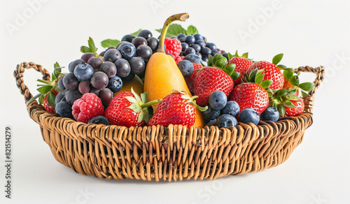 A visually appealing arrangement of fresh  colorful fruits such as strawberries  blueberries  and raspberries elegantly presented in a classic wicker basket  isolated on a white surface.