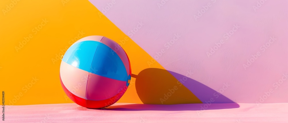 Colorful beach ball on a vibrant pink and yellow background, casting a shadow. Perfect for summer, holiday, and fun-themed designs. Colorful beach ball on a vibrant pink and yellow background, casting a shadow. Perfect for summer, holiday, and fun-themed designs.