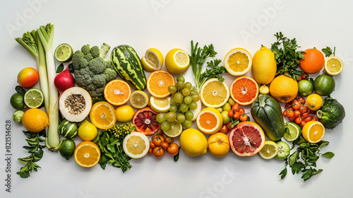 A wide-angle capture showcasing the diversity of citrus fruits, including lemons, limes, and oranges, complemented by an array of fresh vegetables, all arranged against a pristine white background. photo