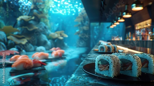 Underwater Horror A Frightful D Sushi Bar with Coffinlike Rolls on a Hitechnology Background photo