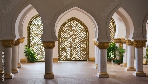 Arches of the palace. A stage with a golden arabic pattern.