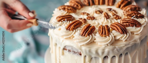 Hand decorating a delicious pecan cake with smooth icing and whole pecans on top, showcasing detailed cake artistry. photo