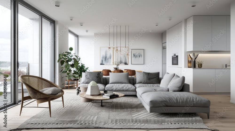 Modern living room with 3 wall posters mockup frames and a view Modern living room with 3 wall posters mockup frames and a view