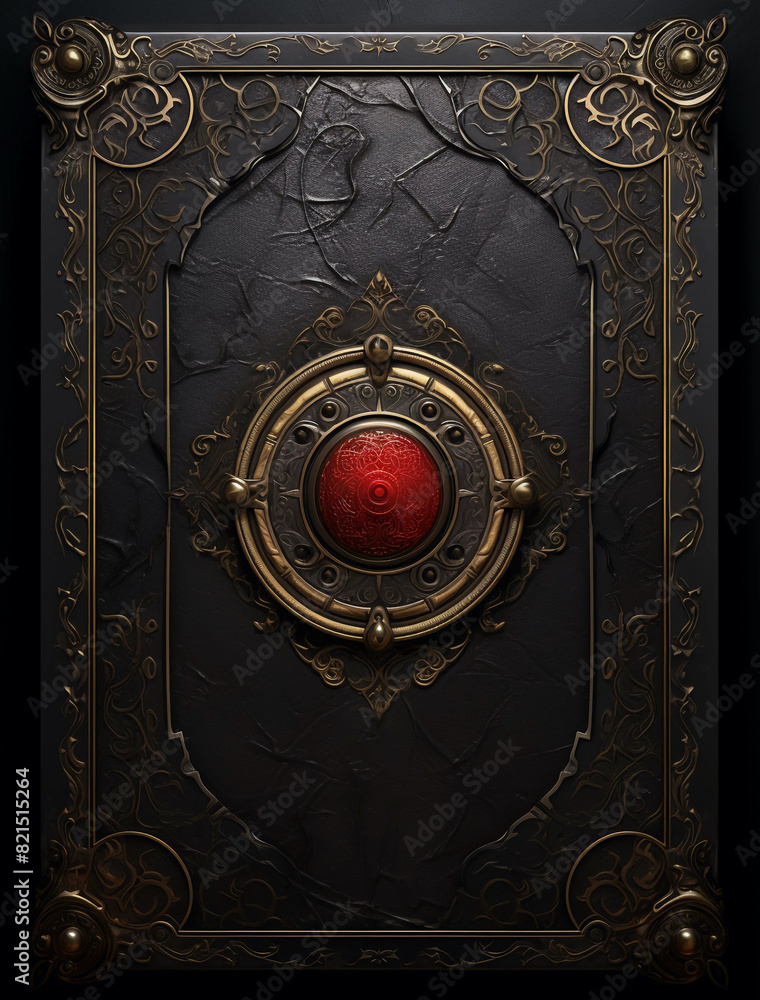 Fototapeta premium A black leather grimoire cover with golden decoration and a red gem in the center