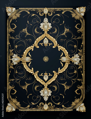 A beautiful detailed book cover frame, black and gold, in the style of baroque design in the middle of the page with white pearls on the border