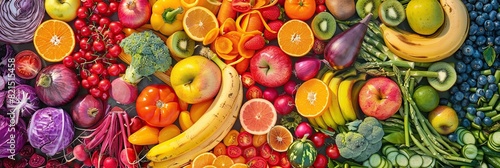 fresh fruits and vegetables arranged in a neat pattern visible from above photo