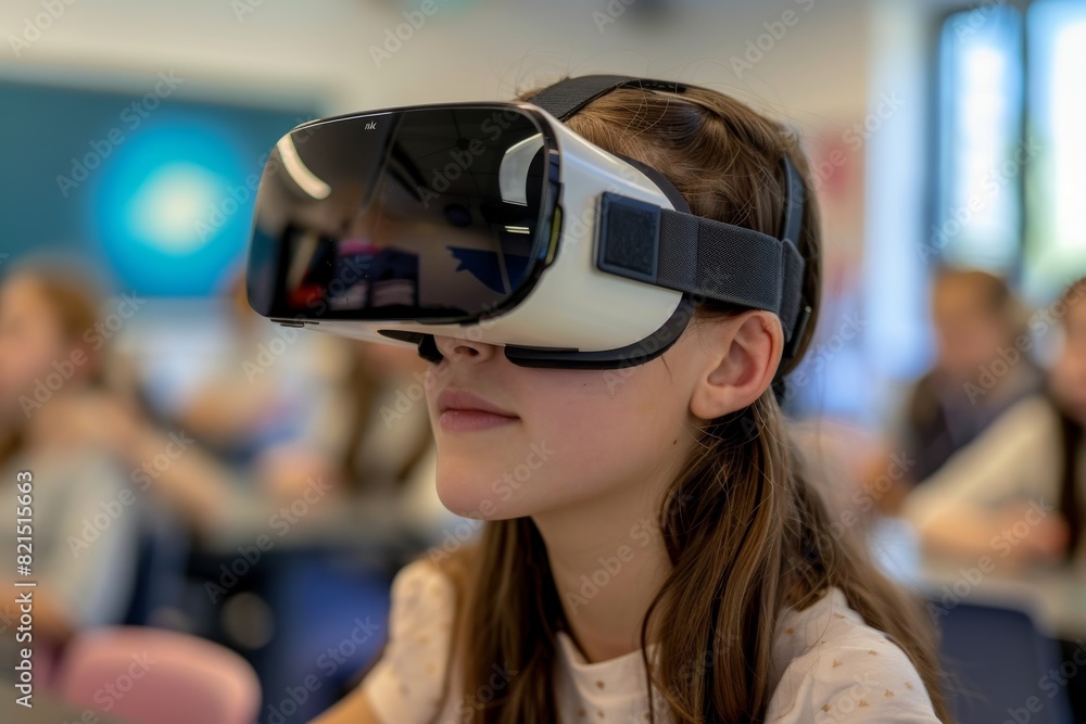 Teen girl studying with VR headset in classroom Teen girl studying with VR headset in classroom