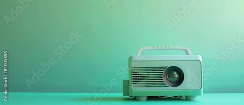 Vintage film projector isolated on a green gradient background. Retro technology concept showcasing classic movie equipment.