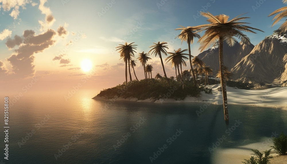 Beautiful tropical landscape, island with palm trees at sunset, 3d rendering