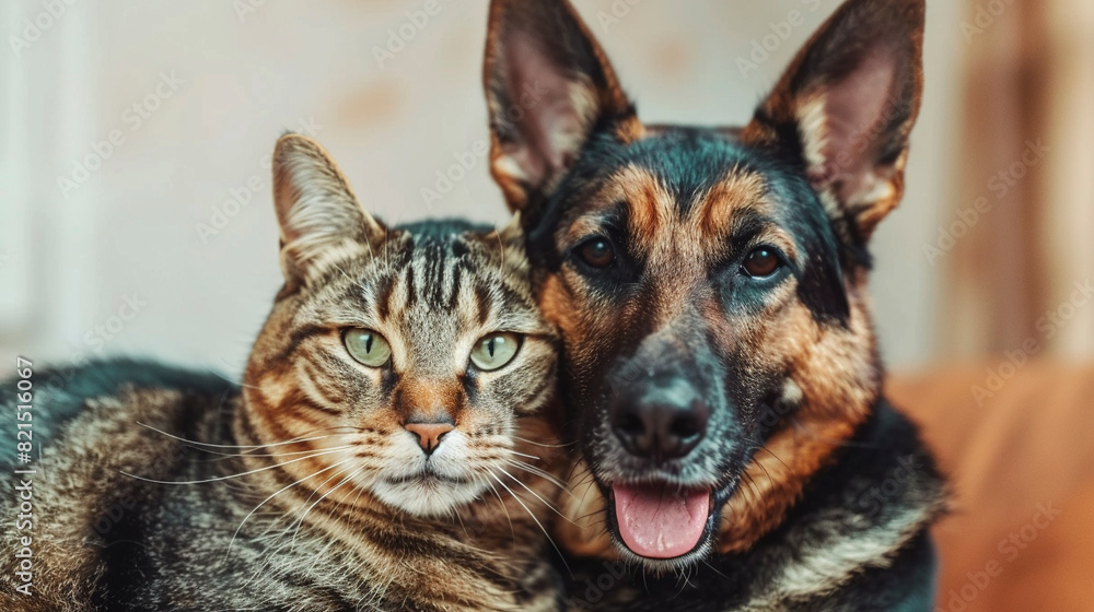 Dog and cat sitting together on right, companionship, pets, friendship, cozy Dog and cat sitting together on right, companionship, pets, friendship, cozy