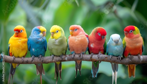 Colorful birds lined up on a branch, lush green backdrop
