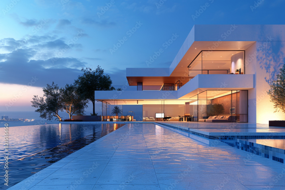 Luxury Island Villa With Infinity Pool At Sunset.
